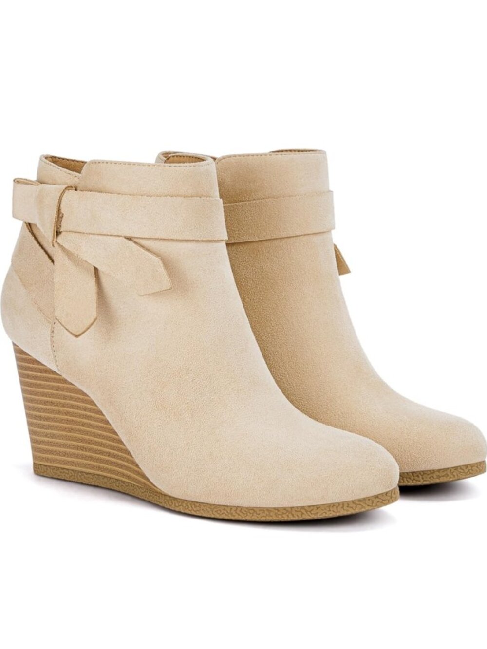 Womens Wedge Booties Fall Ankle Boots Tie Knot Stacked Heeled Side Zipper Winter